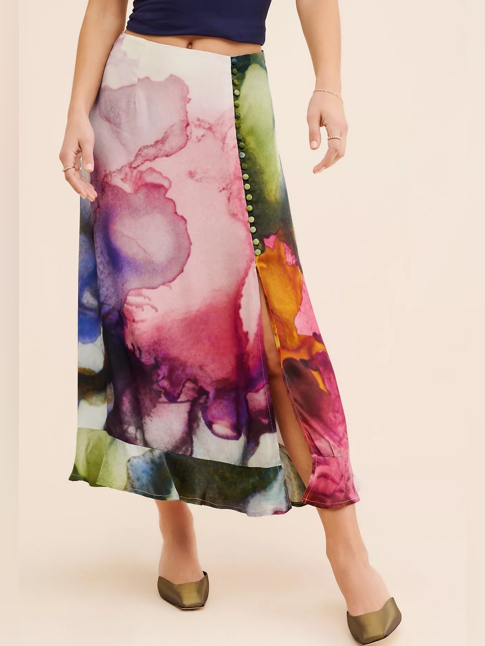 ANTHROPOLOGIE NWT M CONDITIONS APPLY Clania Watercolor Ruffle Trim Maxi Skirt - Picture 8 of 12